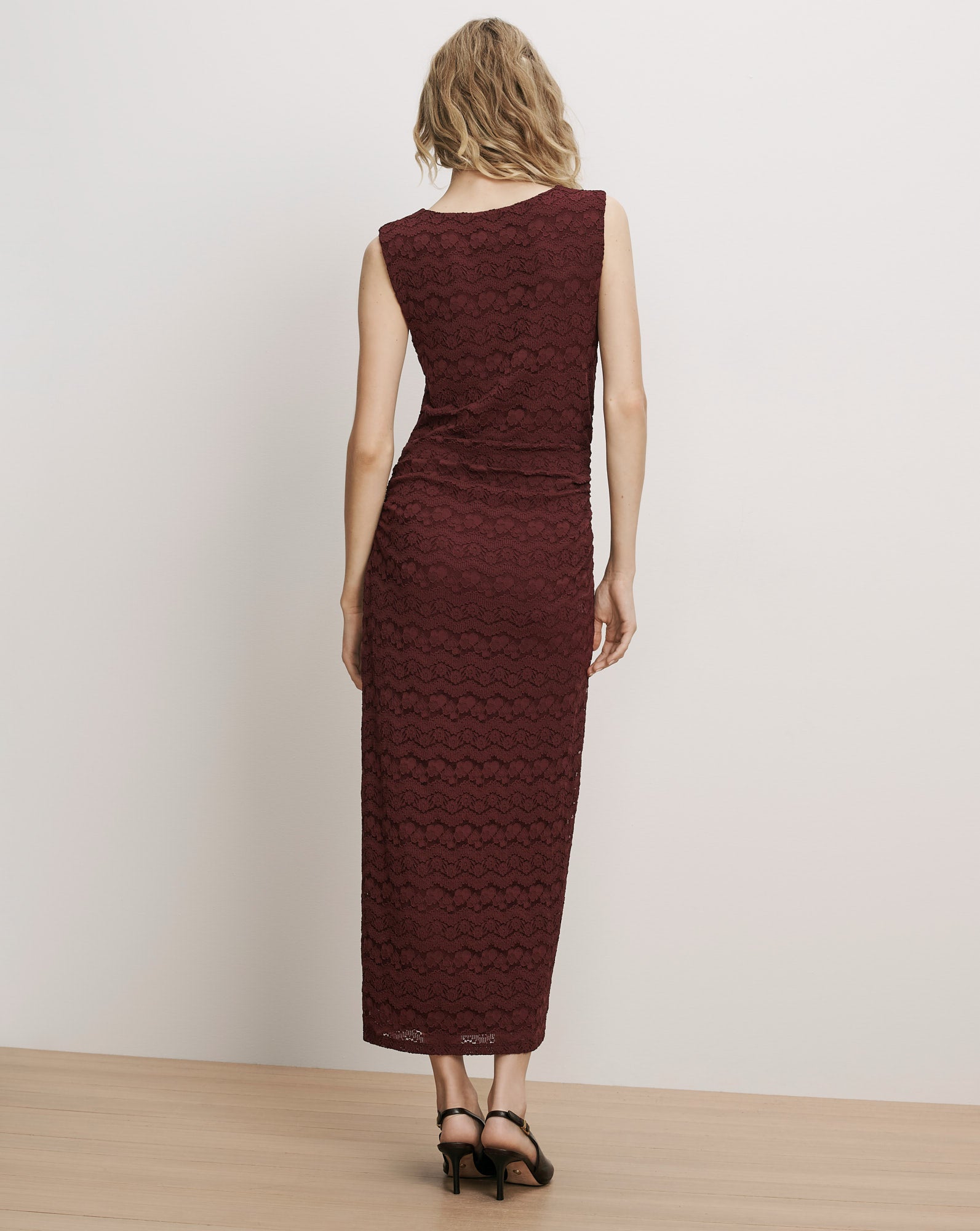 Veronica Beard Burgundy lace sleeveless midi dress with fitted silhouette.