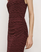 Veronica Beard Burgundy lace bodycon dress with side ruching.