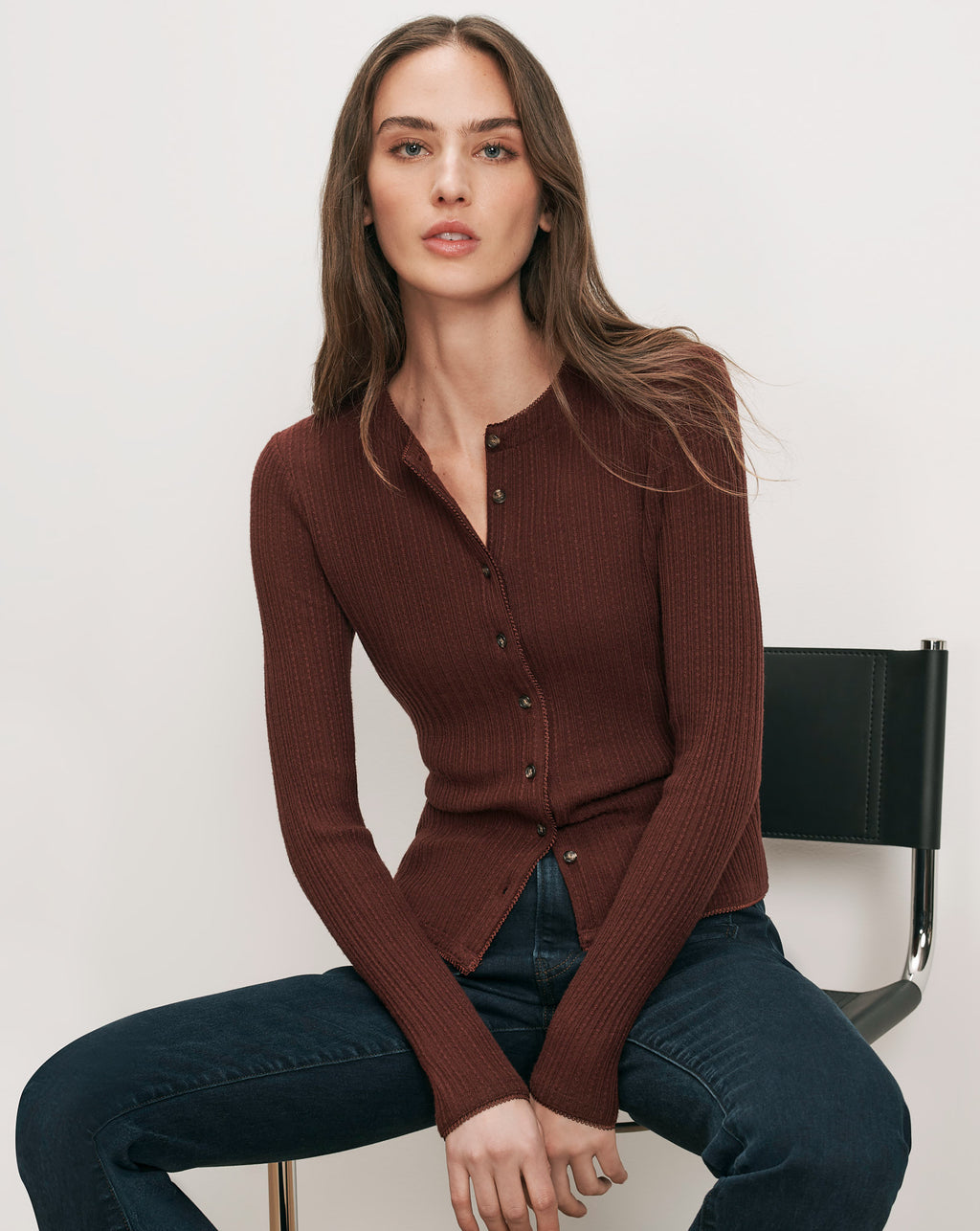 Veronica Beard Brown ribbed knit button-front cardigan