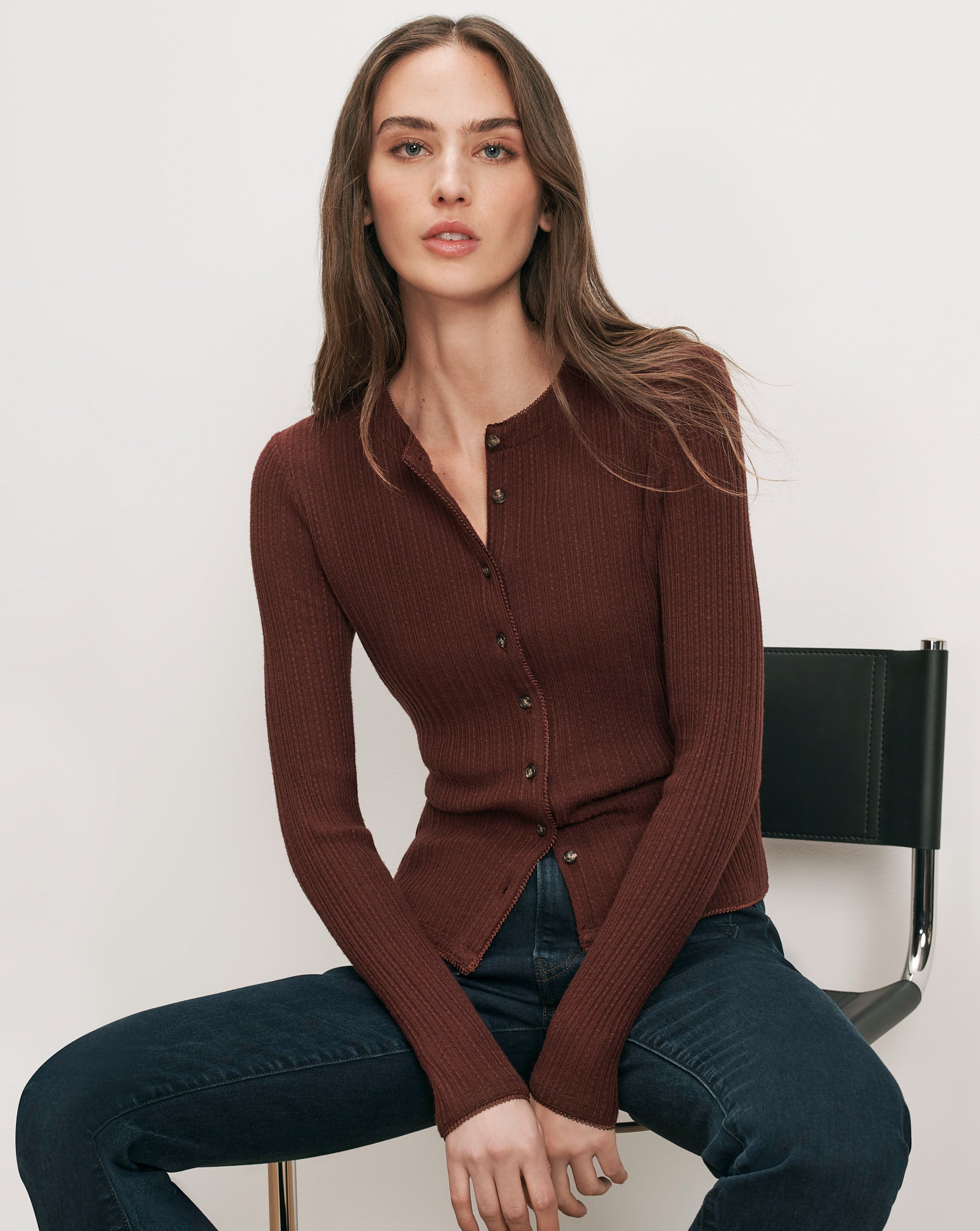 Veronica Beard Brown ribbed knit button-front cardigan