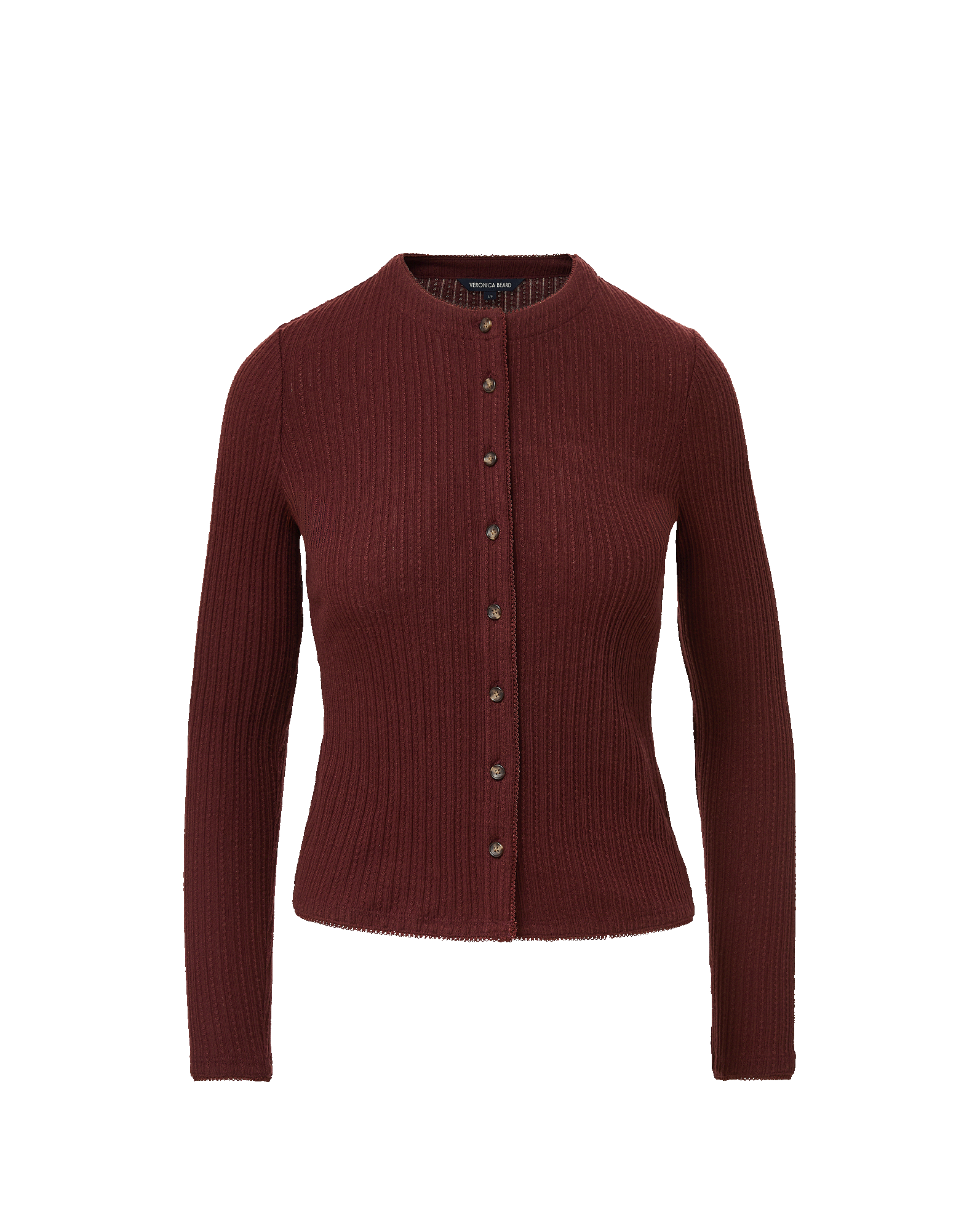 Veronica Beard Burgundy ribbed knit button-down cardigan.