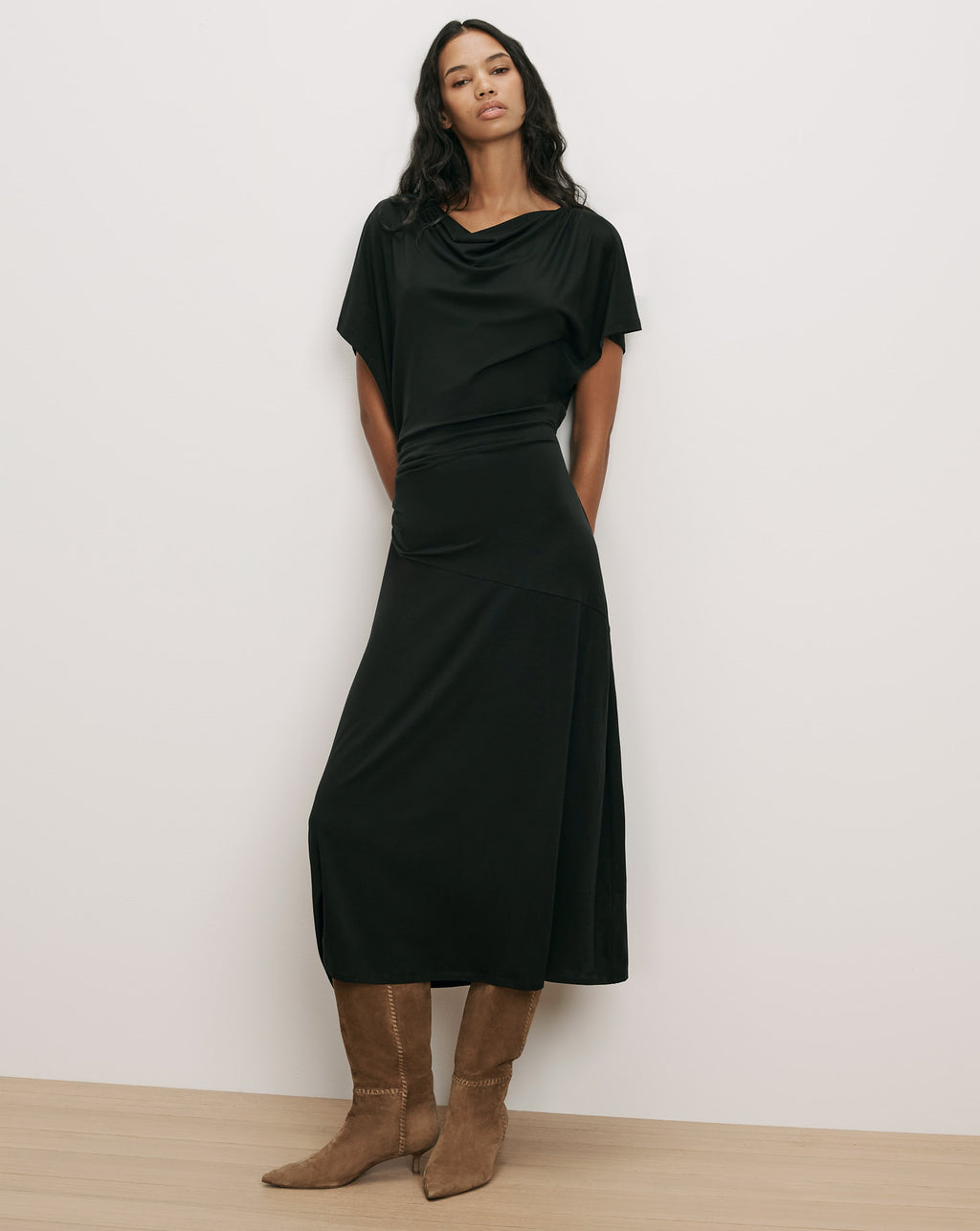 Veronica Beard Black midi dress with draped cowl neckline.