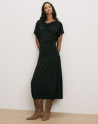 Veronica Beard Black midi dress with draped cowl neckline.