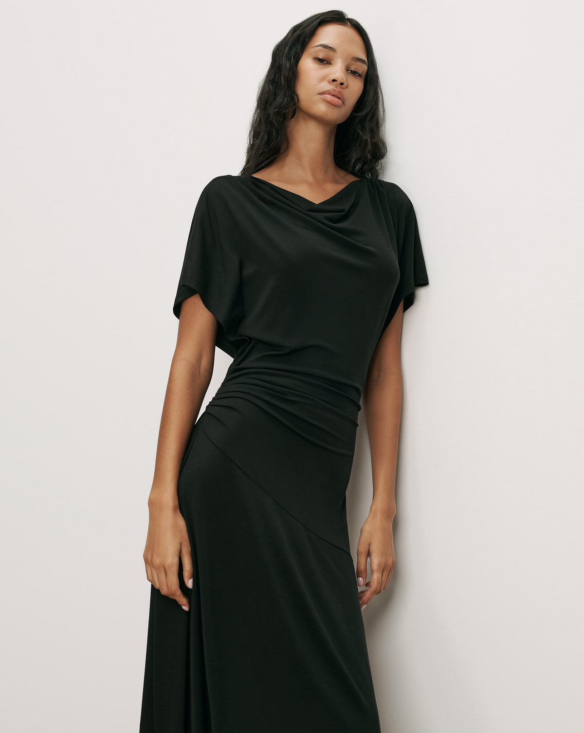 Veronica Beard Black draped midi dress with cowl neck.