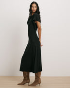 Veronica Beard Black midi dress with draped cowl neckline.