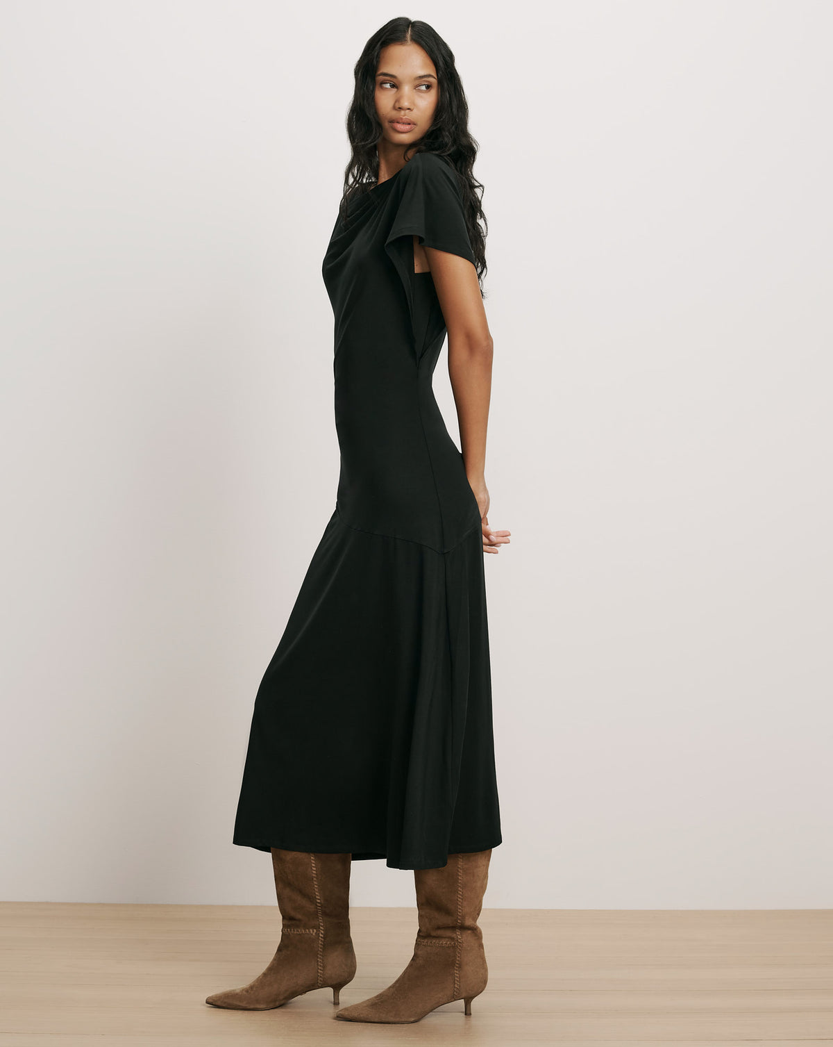 Veronica Beard Black midi dress with draped cowl neckline.