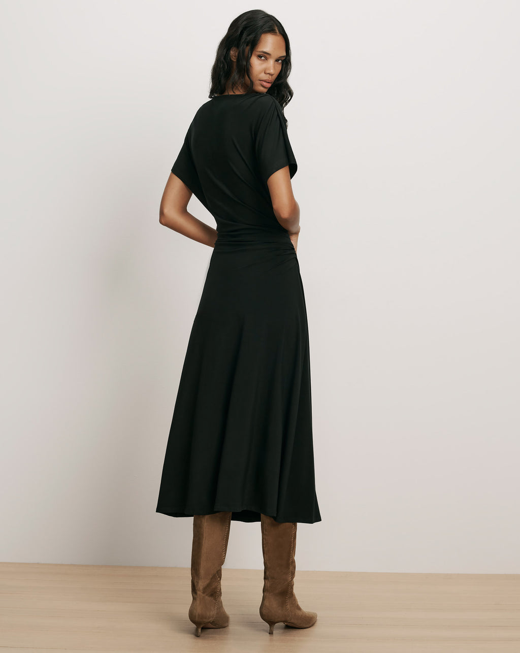 Veronica Beard Black midi dress, short sleeves, fitted waist.