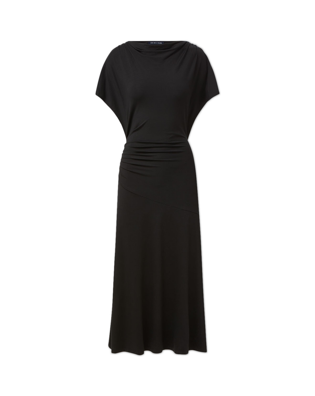 Veronica Beard Black draped midi dress with cap sleeves.
