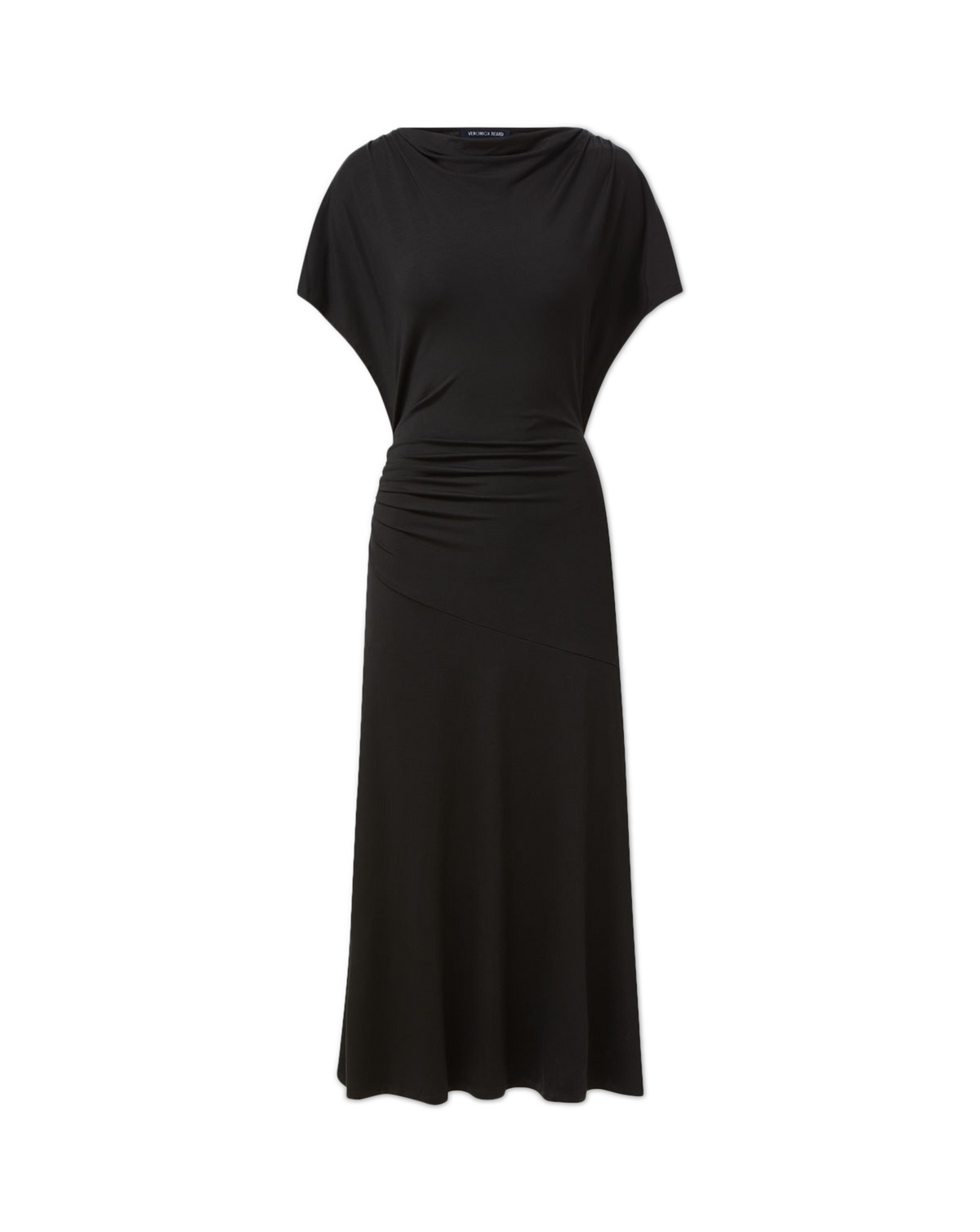 Veronica Beard Black draped midi dress with cap sleeves.