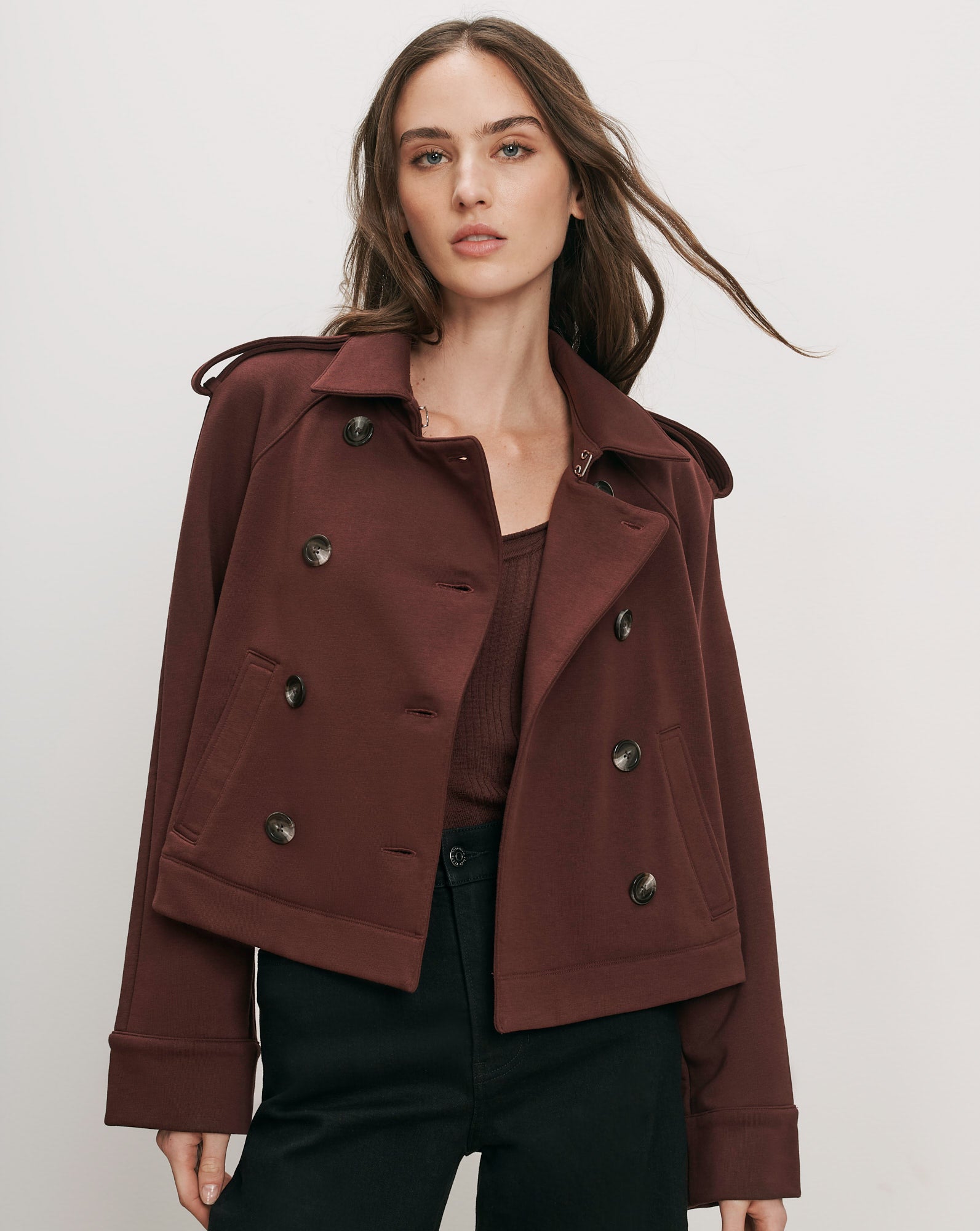 Veronica Beard Brown double-breasted peacoat with wide lapels.