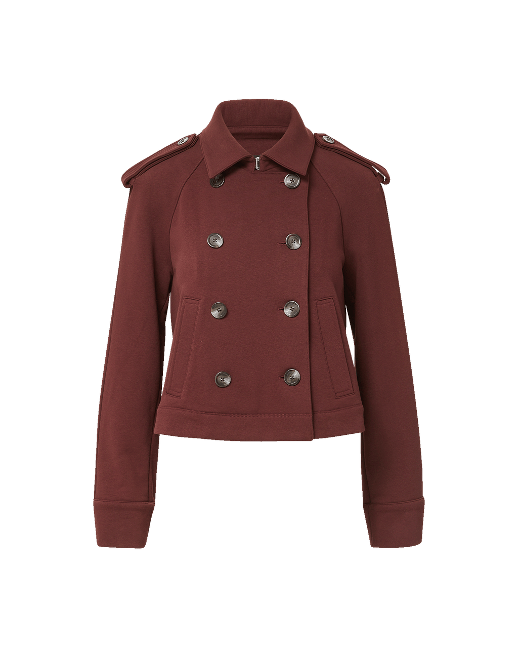 Veronica Beard Burgundy double-breasted wool jacket with shoulder epaulettes.