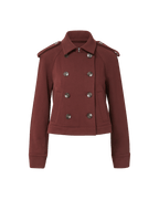 Veronica Beard Burgundy double-breasted wool jacket with shoulder epaulettes.