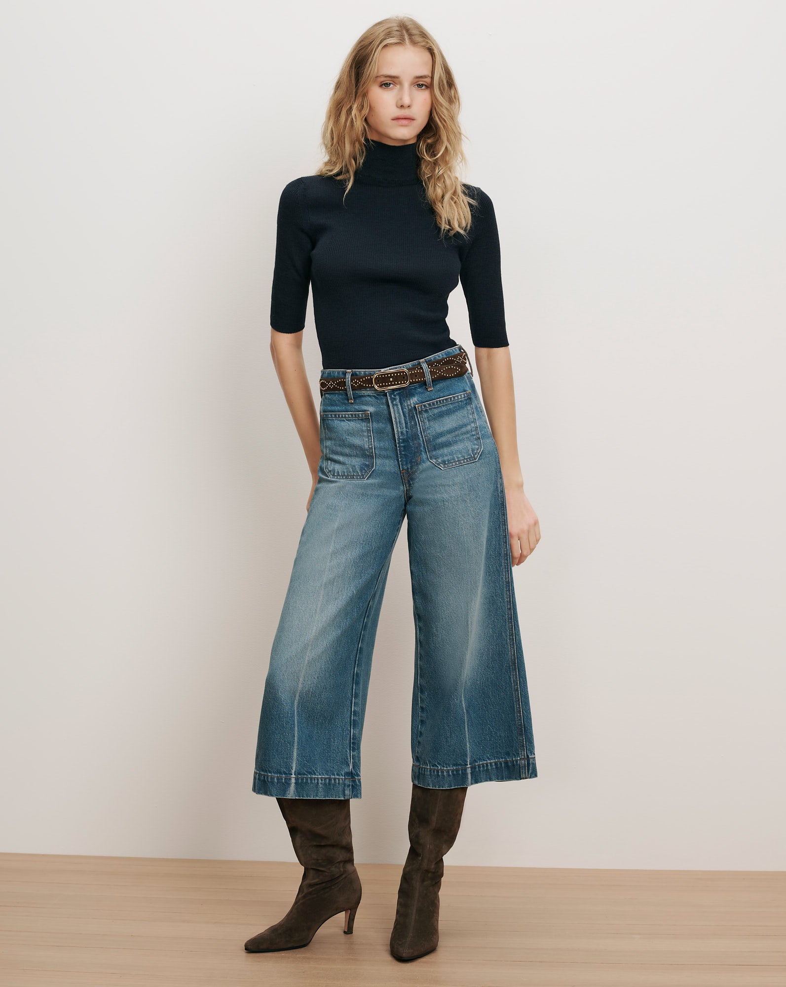 Veronica Beard Navy ribbed turtleneck, wide-leg jeans, brown boots