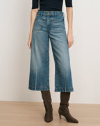 Veronica Beard Blue denim wide-leg cropped jeans with patch pockets.
