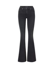 Veronica Beard Black flared jeans, high-waisted, with front pockets.