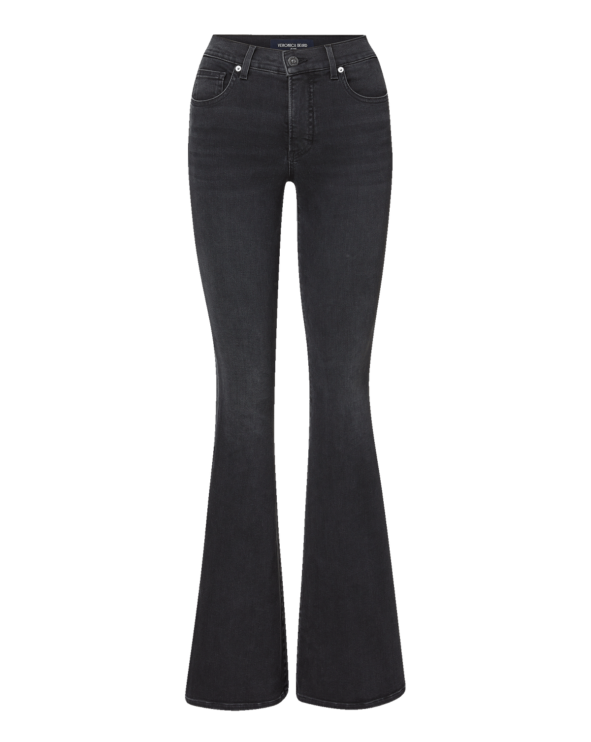 Veronica Beard Black flared jeans, high-waisted, with front pockets.