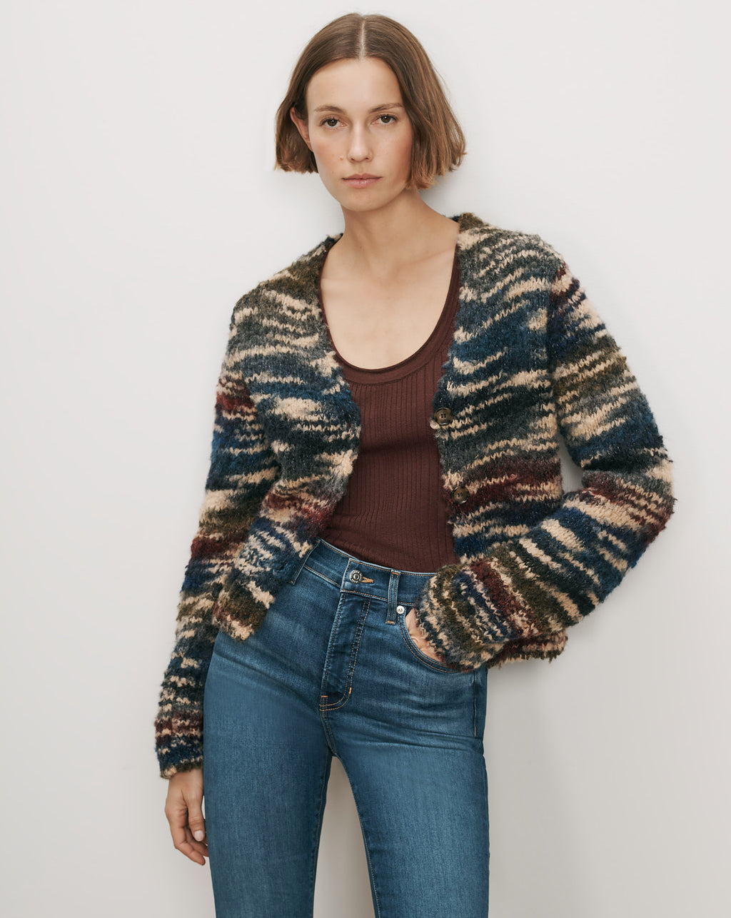 Veronica Beard Striped knit cardigan with brown tank top and jeans.