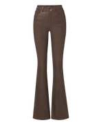Veronica Beard Brown flare pants with coated denim finish.