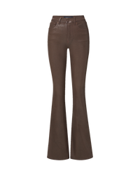 Veronica Beard Brown flare pants with coated denim finish.