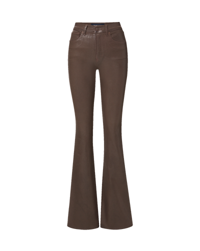 Veronica Beard Brown flare pants with coated denim finish.