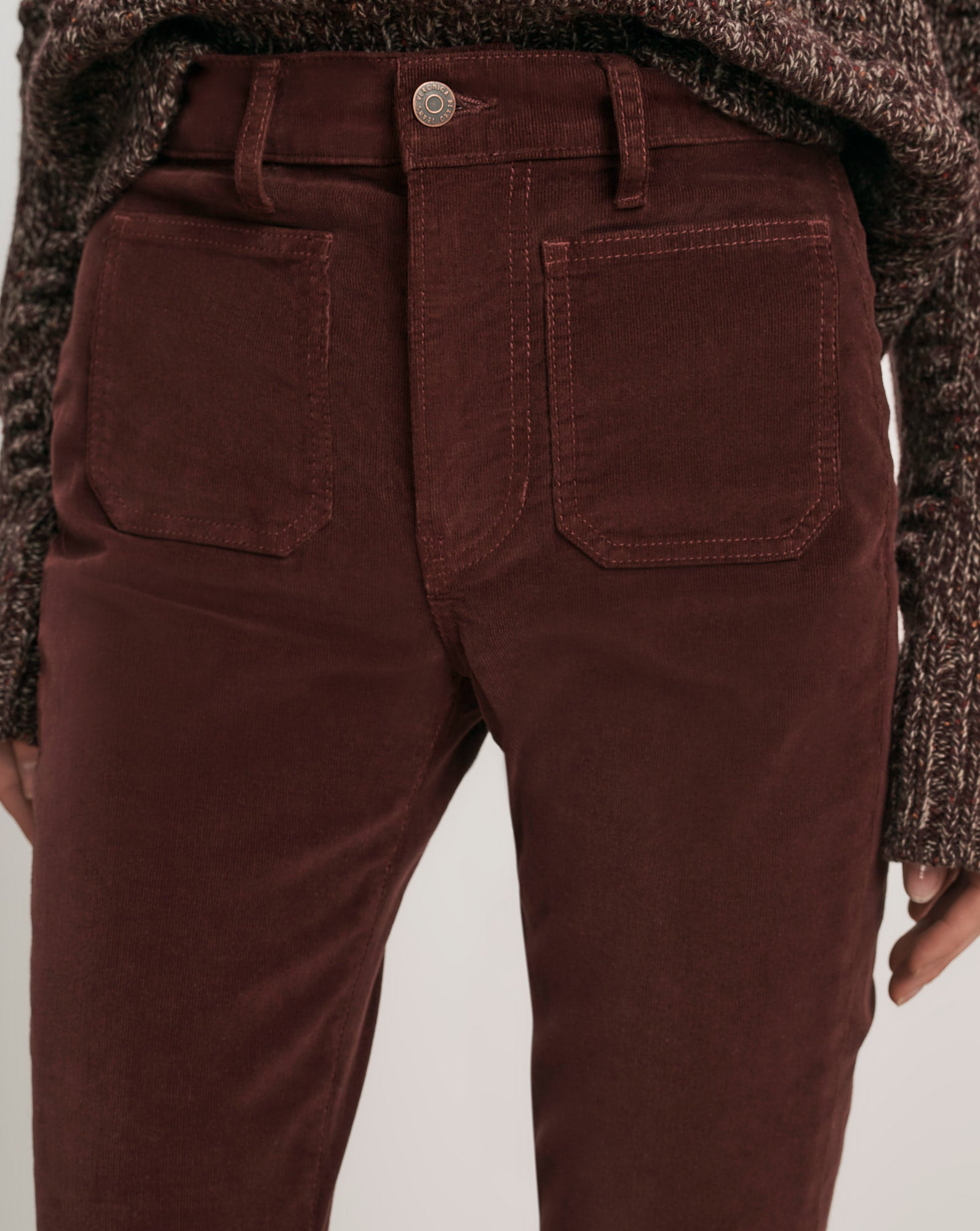 Veronica Beard Brown corduroy pants with patch pockets.