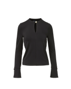 Veronica Beard Black long-sleeve top with keyhole neckline and gold button.