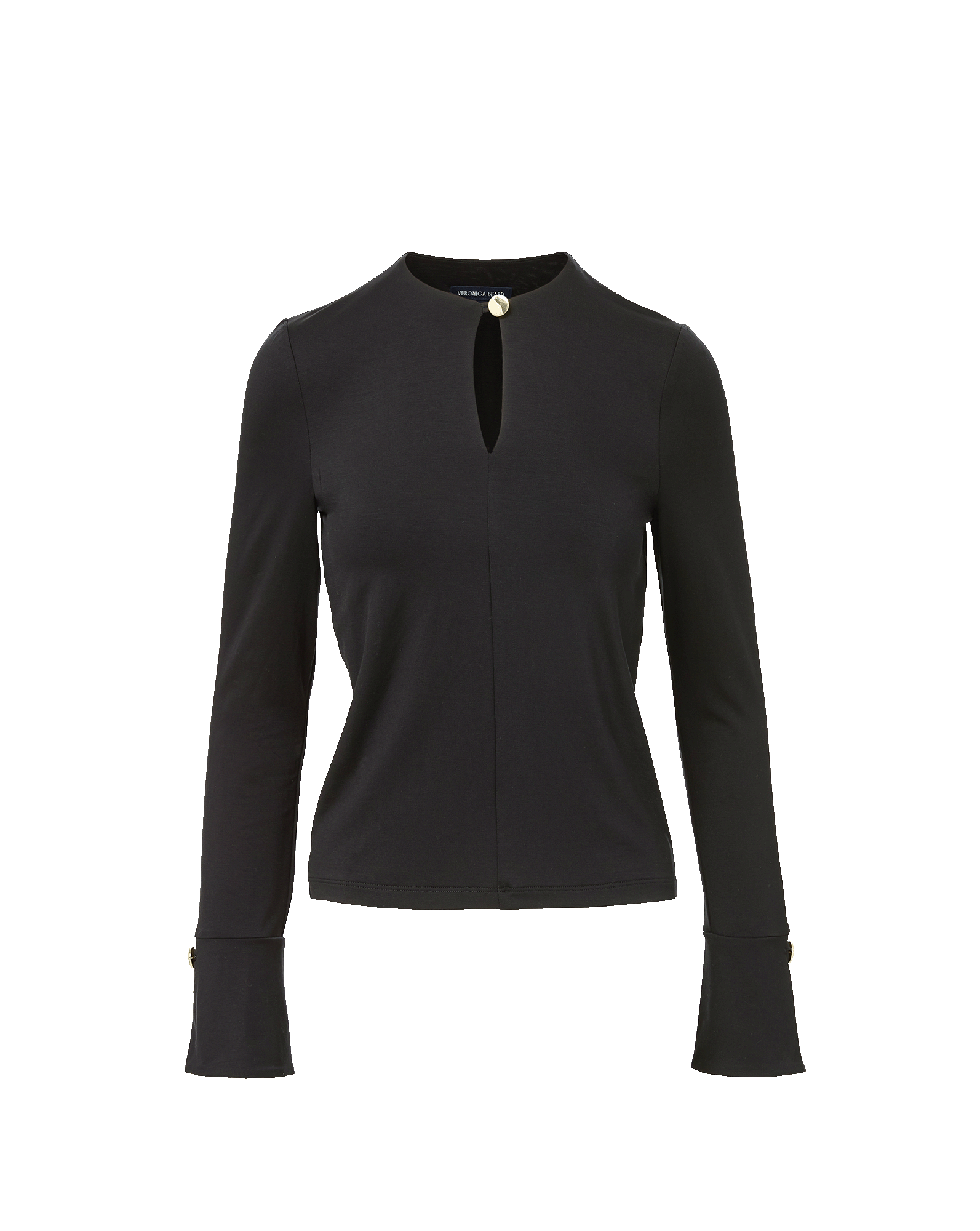 Veronica Beard Black long-sleeve top with keyhole neckline and gold button.