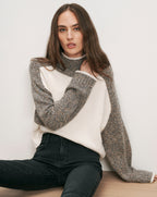 Veronica Beard Colorblock knit sweater with cream and speckled gray panels.