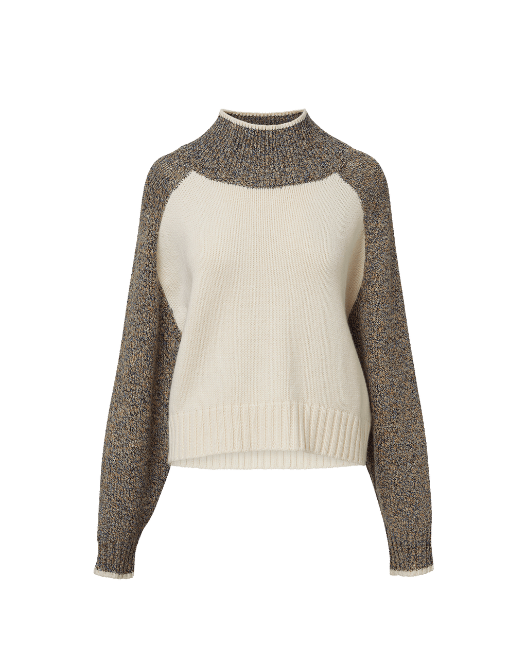 Veronica Beard Two-tone knit mock neck sweater in cream and brown.