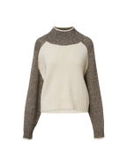 Veronica Beard Two-tone knit mock neck sweater in cream and brown.