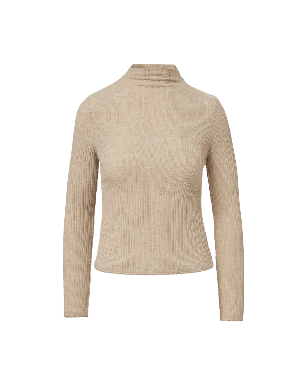 Veronica Beard Beige ribbed knit high-neck long sleeve cropped top.