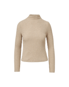 Veronica Beard Beige ribbed knit high-neck long sleeve cropped top.