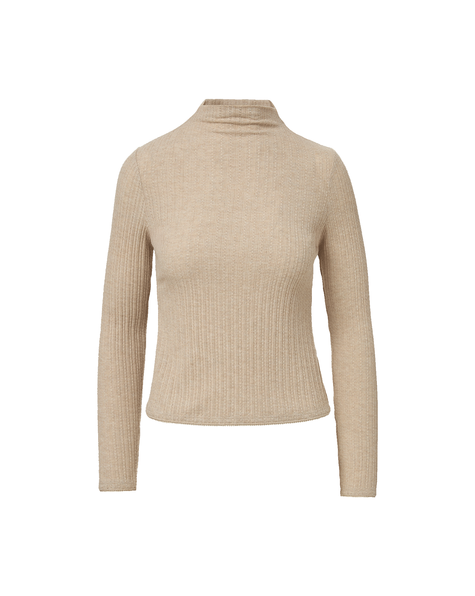 Veronica Beard Beige ribbed knit high-neck long sleeve cropped top.