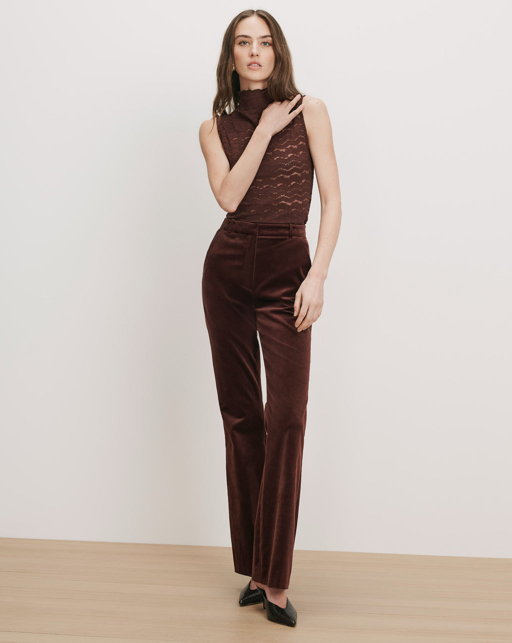 Veronica Beard Brown lace sleeveless top and velvet pants.