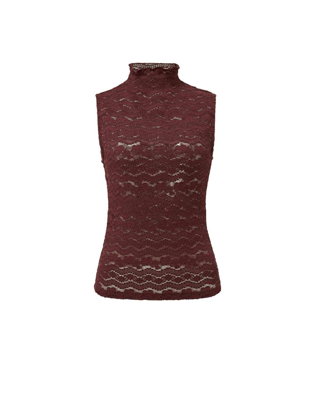 Veronica Beard Burgundy lace sleeveless high-neck top.