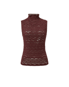 Veronica Beard Burgundy lace sleeveless high-neck top.