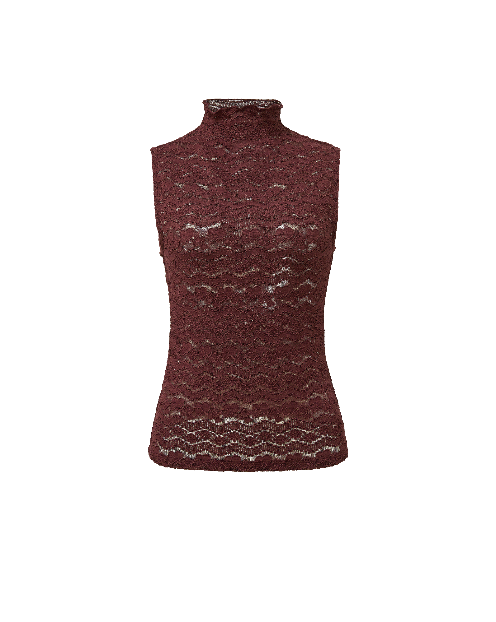 Veronica Beard Burgundy lace sleeveless high-neck top.