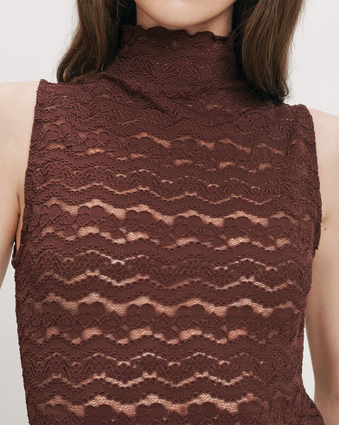 Veronica Beard Brown lace sleeveless high-neck top.