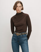 Veronica Beard Brown long-sleeve turtleneck top with ruched shoulder detail