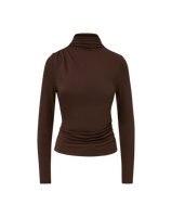 Veronica Beard Brown long-sleeve turtleneck top with ruched details.