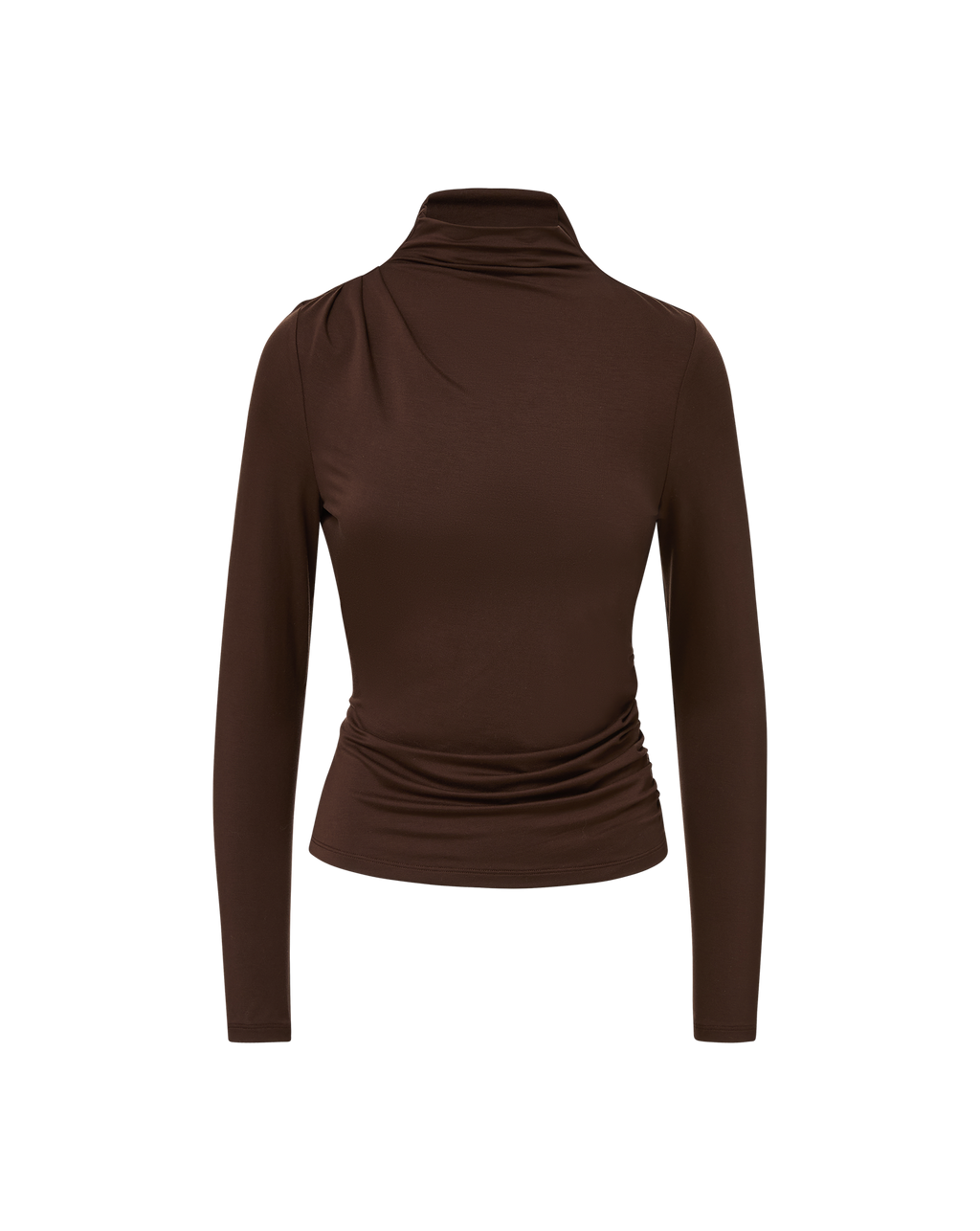Veronica Beard Brown long-sleeve turtleneck top with ruched details.