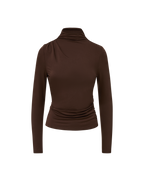 Veronica Beard Brown long-sleeve turtleneck top with ruched details.