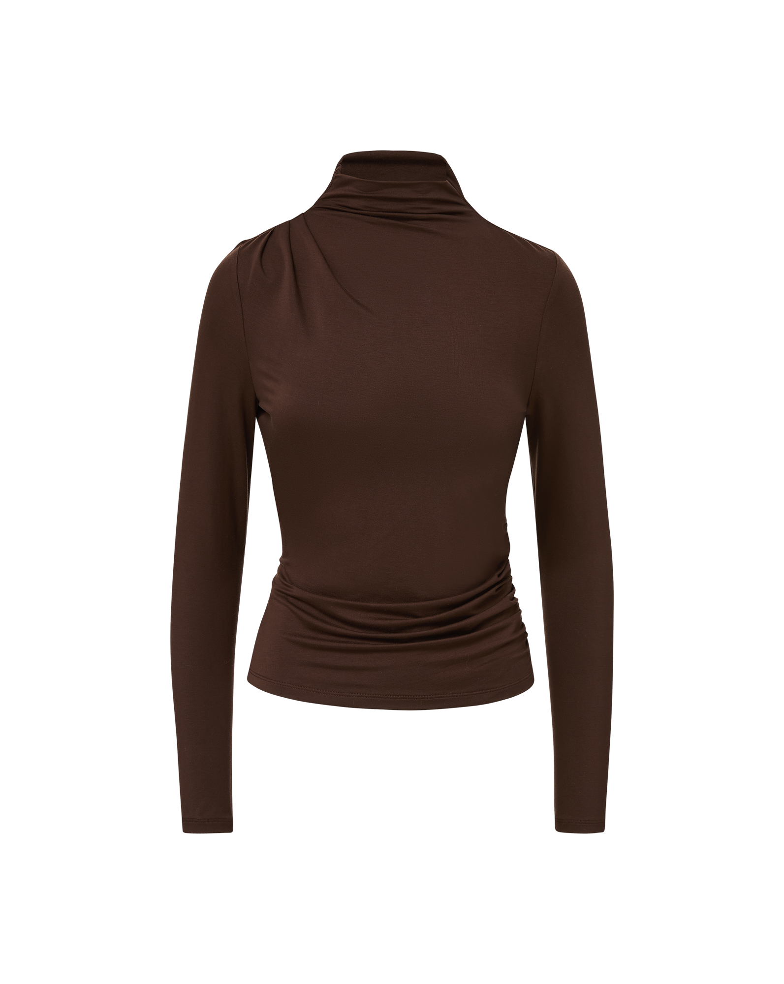 Veronica Beard Brown long-sleeve turtleneck top with ruched details.