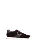 Veronica Beard Burgundy velvet and leather sneakers with white soles.