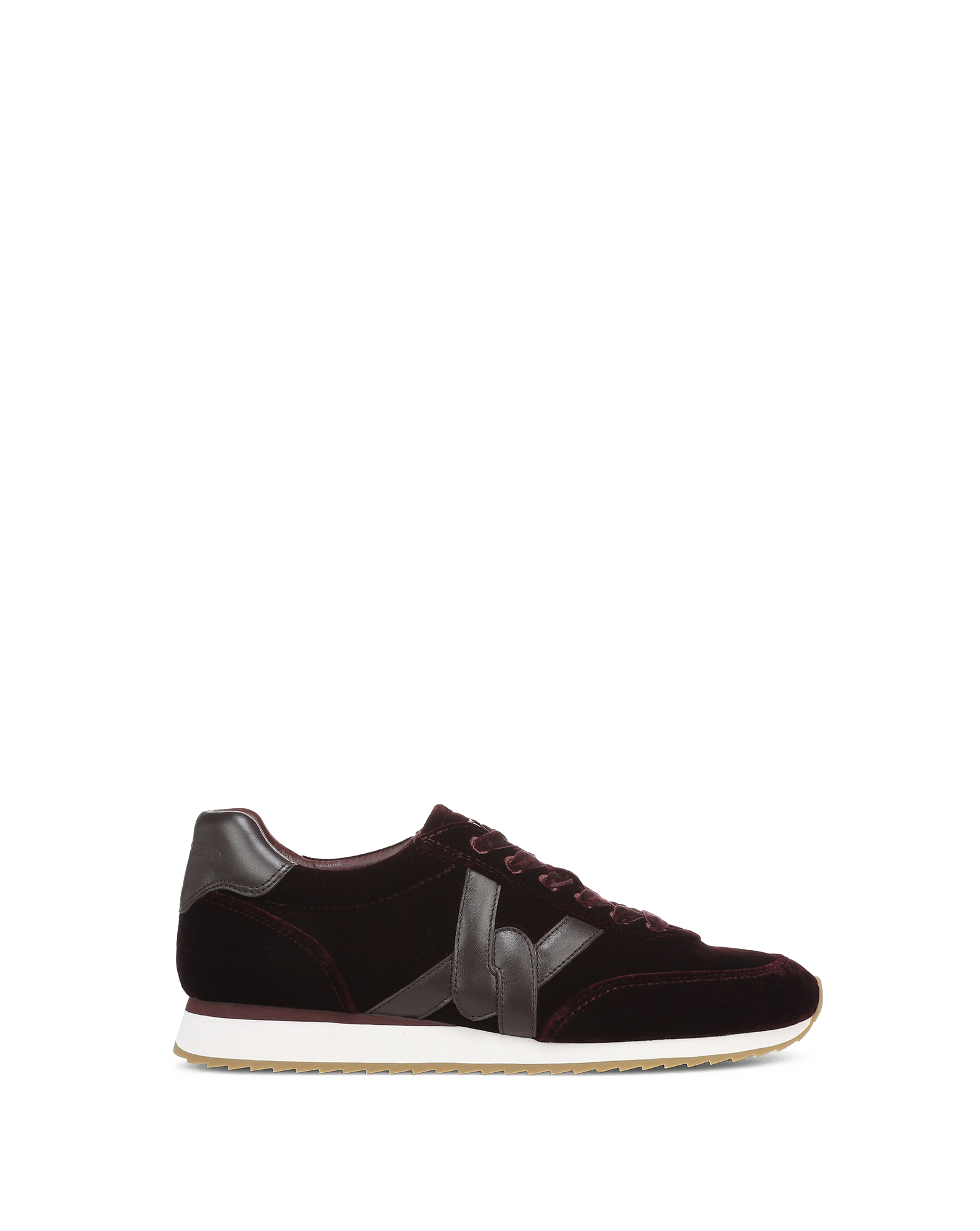 Veronica Beard Burgundy velvet and leather sneakers with white soles.