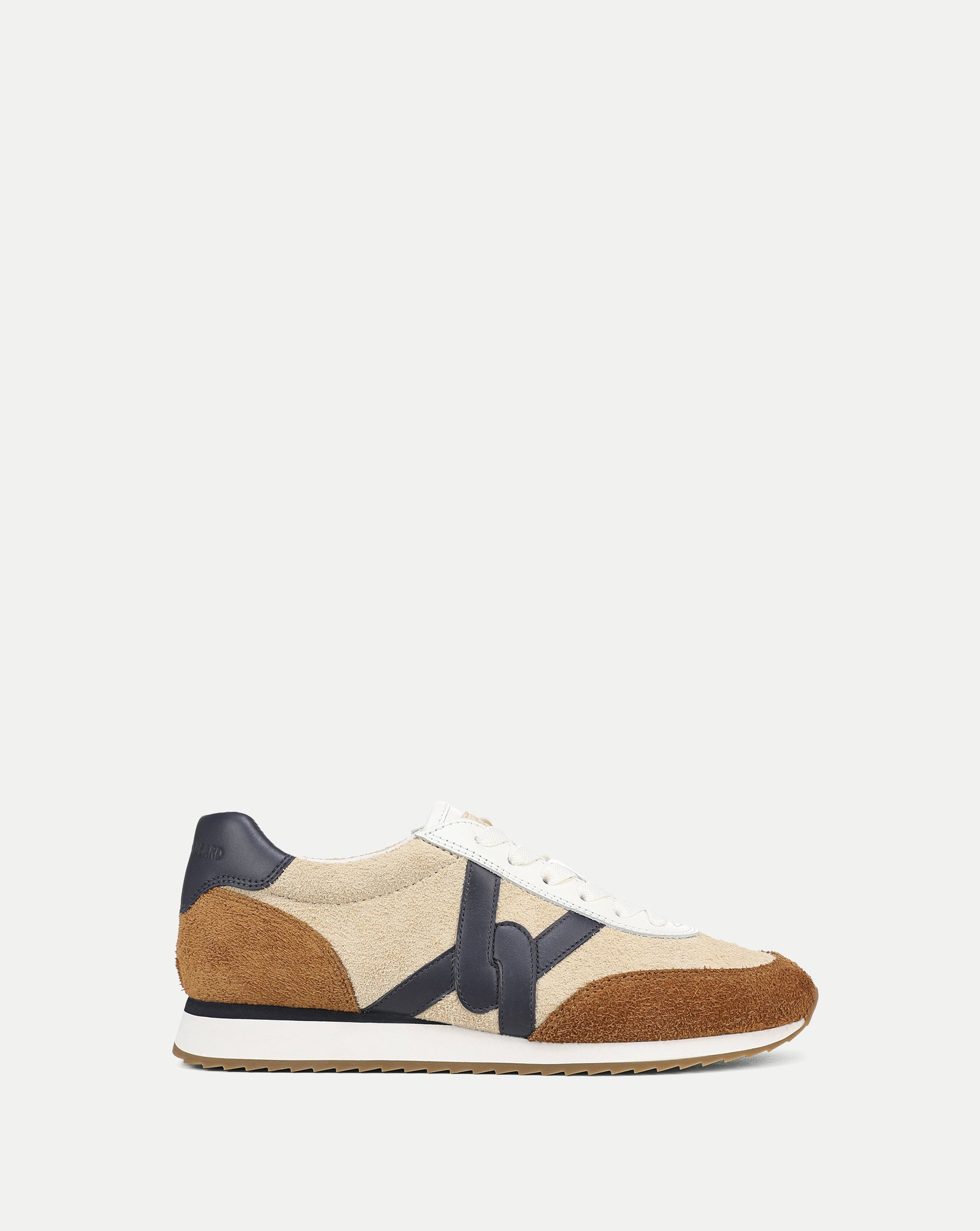 Veronica Beard Beige and brown suede sneakers with navy blue accents.