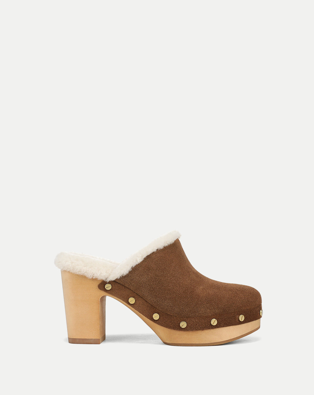 Veronica Beard Brown suede shearling-lined heeled clog with studs.
