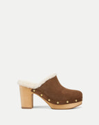 Veronica Beard Brown suede shearling-lined heeled clog with studs.