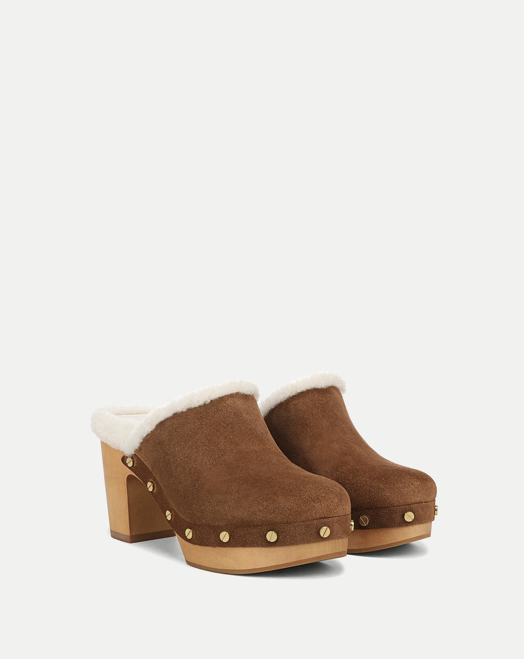 Veronica Beard Brown suede clogs with wooden platform soles and shearling lining.