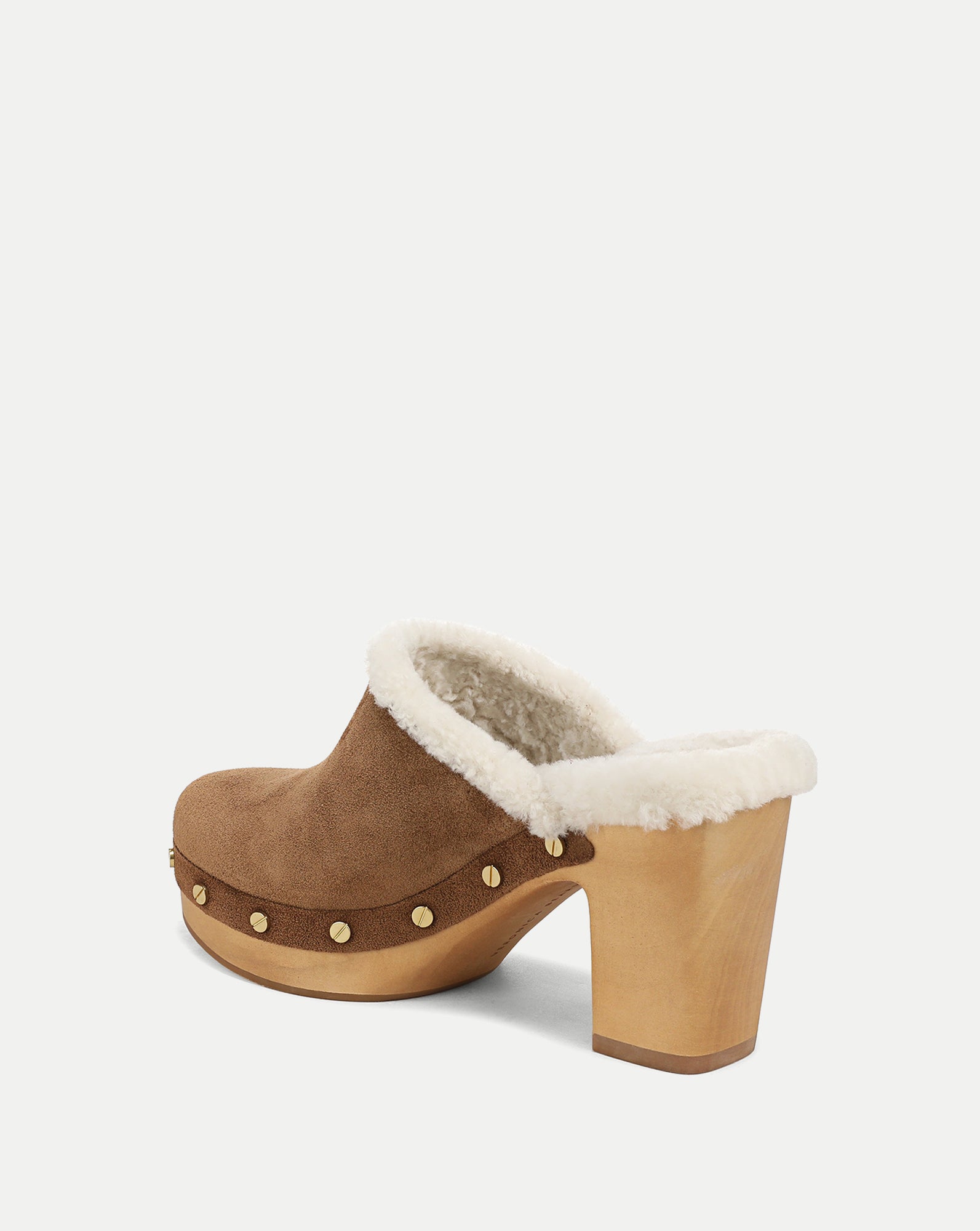 Veronica Beard Brown suede shearling-lined wooden heel clog shoes.